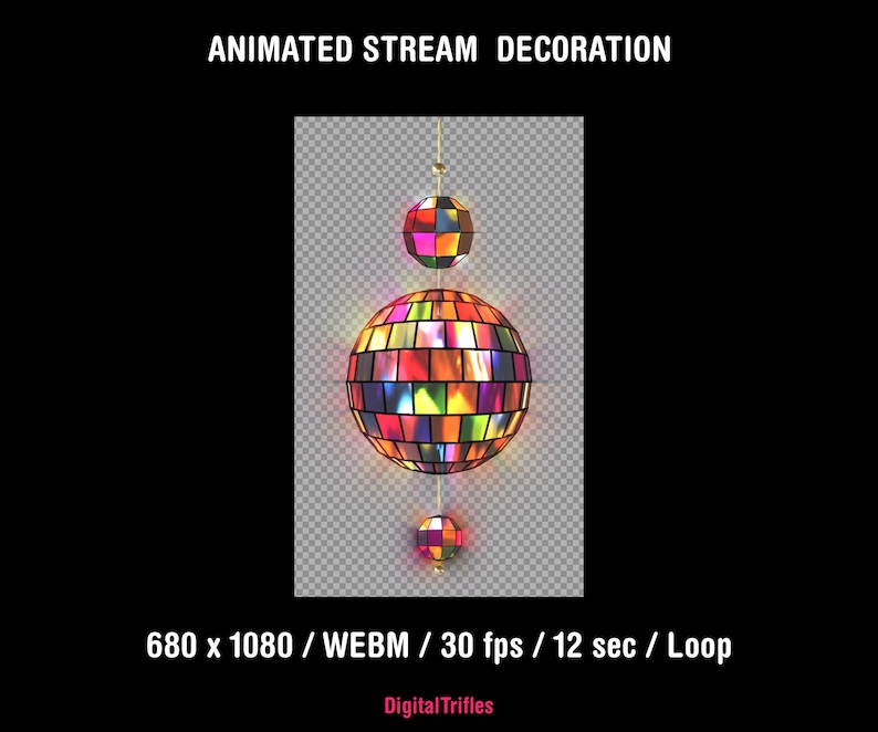 Disco ball Twitch overlay with a rotating mirror ball and sparkling light reflections. Animated loop stream decoration with transparent background, designed for music streams, dancing, karaoke, gaming, and Just Chatting