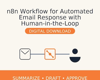 May include: An infographic showing an automated email response workflow. The design features an envelope icon, a square with a line graph, and a person icon, linked by lines. Text includes "n8n Workflow," "Digital Download," and action steps.