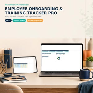 May include: A digital spreadsheet titled Employee Onboarding & Training Tracker Pro displayed on a laptop and tablet screen. The interface features data tables, progress charts, and task management tools for HR professionals to organize new hires.