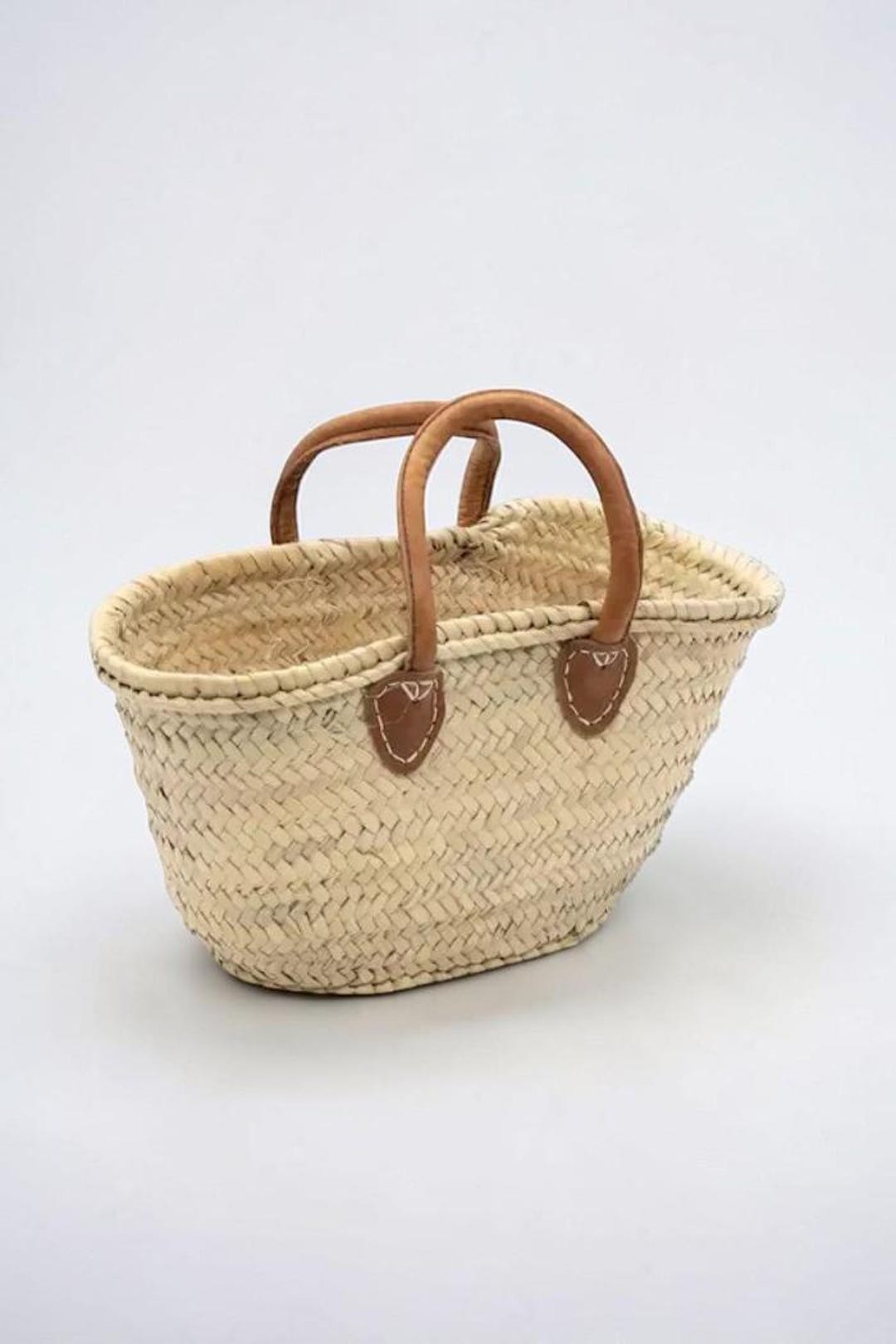 Natural Straw Basket Tote Bag With Leather Handles | Woven Summer Beach ...