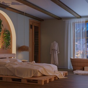Könnte beinhalten: Ein Schlafzimmer mit einem Bett aus Holzpaletten, einer Holzbadewanne und einem großen Fenster mit Blick auf eine schneebedeckte Bergkette. Der Raum ist mit Pflanzen und natürlichen Elementen dekoriert.