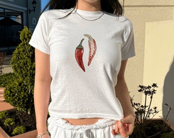 Chilli Baby Tee, Baby Girl, Y2k Clothing, Aesthetic Fruit Shirt, Chilli Pepper Shirt, Coquette Bow Tee, y2k baby tee, Coquette Aesthetic Top