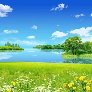 Puede incluir: Un paisaje escénico con un cielo azul, nubes blancas, árboles verdes y un lago. El lago refleja el cielo y las nubes. Hay un campo de hierba en primer plano con flores amarillas.