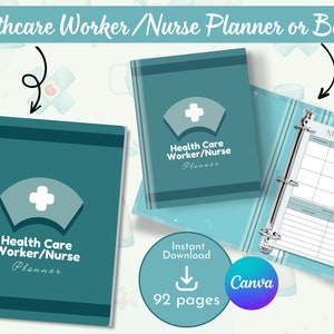 Op de afbeelding: Een tealblauwe planner met een witte verpleegstersmuts en een kruislogo. De tekst "Health Care Worker/Nurse Planner" staat op de omslag gedrukt. De planner is verkrijgbaar als spiraalgebonden notitieboekje of als map met 92 pagina's.