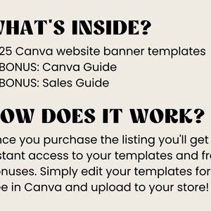 Puede incluir: Gr&aacute;fico de texto con las palabras "WHAT'S INSIDE?" y una lista de verificaci&oacute;n de elementos: 25 plantillas de banner de sitio web de Canva, BONUS: Gu&iacute;a de Canva, BONUS: Gu&iacute;a de ventas. Debajo de la lista de verificaci&oacute;n, el texto "HOW DOES IT WORK?" seguido de una descripci&oacute;n de c&oacute;mo usar las plantillas.