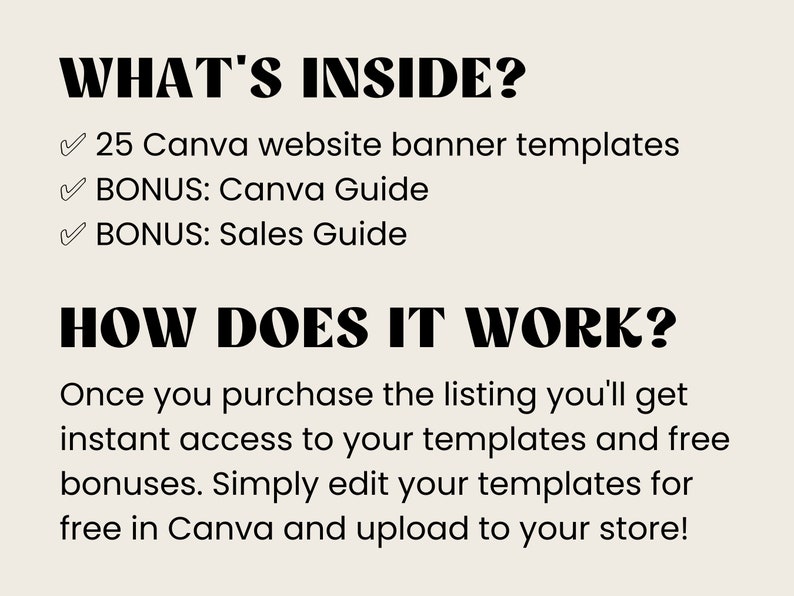 Puede incluir: Gr&aacute;fico de texto con las palabras "WHAT'S INSIDE?" y una lista de verificaci&oacute;n de elementos: 25 plantillas de banner de sitio web de Canva, BONUS: Gu&iacute;a de Canva, BONUS: Gu&iacute;a de ventas. Debajo de la lista de verificaci&oacute;n, el texto "HOW DOES IT WORK?" seguido de una descripci&oacute;n de c&oacute;mo usar las plantillas.