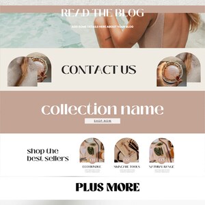 Puede incluir: Una p&aacute;gina de inicio de sitio web con un fondo marr&oacute;n claro que presenta el texto "READ THE BLOG", "CONTACT US", "collection name", "SHOP NOW", "shop the best sellers", "PLUS MORE" e im&aacute;genes de varios productos.