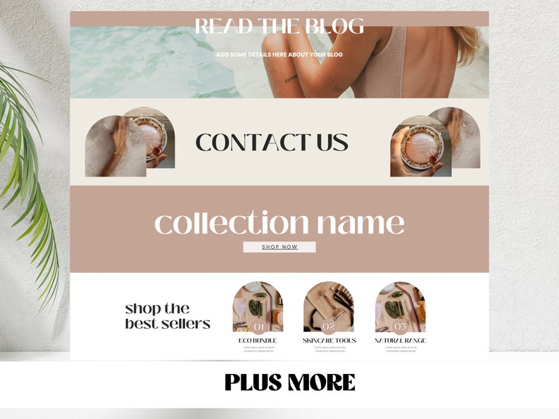 Puede incluir: Una p&aacute;gina de inicio de sitio web con un fondo marr&oacute;n claro que presenta el texto "READ THE BLOG", "CONTACT US", "collection name", "SHOP NOW", "shop the best sellers", "PLUS MORE" e im&aacute;genes de varios productos.