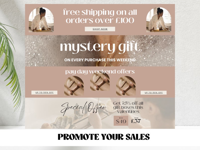 Puede incluir: Un dise&ntilde;o gr&aacute;fico que promociona una venta con el texto "free shipping on all orders over &pound;100", "mystery gift", "pay day weekend offers", "Special Offer", "Get 25% off all gift boxes this valentines", "$49 &pound;37" y "PROMOTE YOUR SALES".