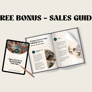 Puede incluir: Una gu&iacute;a de ventas gratuita con el t&iacute;tulo "10 Saucy Secrets That Will Help You To Increase Your Sales Online" en una tableta y un libro con el t&iacute;tulo "Saucy Secrets to Sky Rocketing Your Sales".