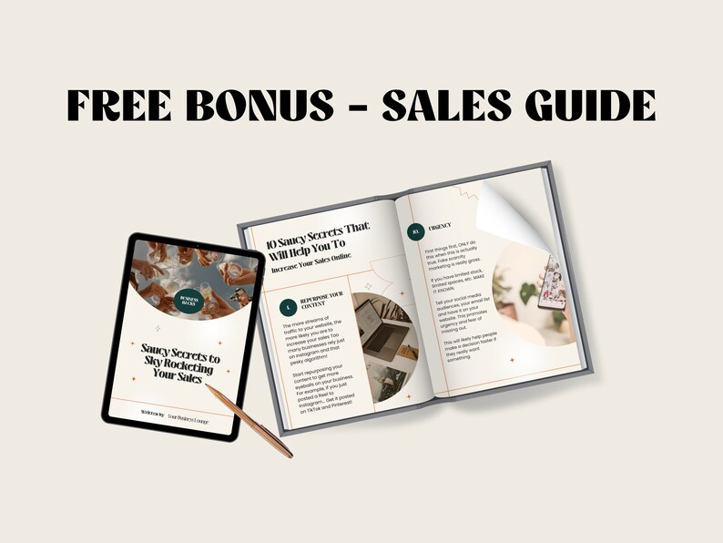 Puede incluir: Una gu&iacute;a de ventas gratuita con el t&iacute;tulo "10 Saucy Secrets That Will Help You To Increase Your Sales Online" en una tableta y un libro con el t&iacute;tulo "Saucy Secrets to Sky Rocketing Your Sales".