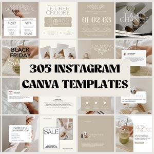 K&ouml;nnte beinhalten: Eine Collage aus 305 Instagram Canva-Vorlagen in einem beige-braunen Farbschema. Die Vorlagen zeigen verschiedene Designs, darunter Text, Bilder und Grafiken. Der Text enth&auml;lt S&auml;tze wie "Black Friday Sale", "Exklusive Warteliste", "Welche 3 W&ouml;rter w&uuml;rdest du verwenden, um dein Unternehmen zu beschreiben?" und "Wie man ein Unternehmen kostenlos unterst&uuml;tzt".