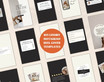 Puede incluir: Una colección de 105 plantillas de portada de carrete de Instagram. Las plantillas son en blanco y negro con un diseño minimalista. El texto "105 LUXURY INSTAGRAM REEL COVER TEMPLATES" está en una fuente grande y en negrita.