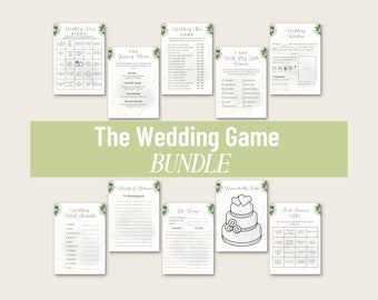 Może przedstawiać: Zestaw drukowanych gier ślubnych z zielonym wzorem kwiatowym. Gry obejmują "Wedding Word Scramble", "Words of Advice", "The Recipe", "Decorate the Cake", "Wedding Shower Bingo", "Wedding Shower Game", "I Spy With My Little Eye" i "Guest Guess Who".