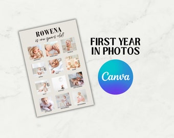 Puede incluir: Un póster beige con el texto "ROWENA tiene un año!" y un collage de 12 fotos de una niña, cada foto representando un mes del año. El texto "PRIMER AÑO EN FOTOS" está en el lado derecho del póster.