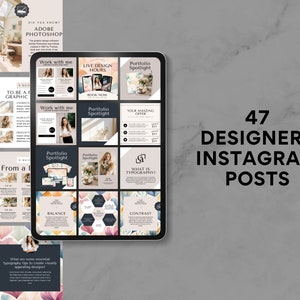 Peut inclure: Un ensemble de 47 modèles de publications Instagram pour les graphistes. Les modèles présentent une variété de designs, notamment des motifs floraux, des formes géométriques et des superpositions de texte. Les modèles sont conçus pour aider les graphistes à promouvoir leur travail, à partager leurs connaissances et à se connecter avec leur public.
