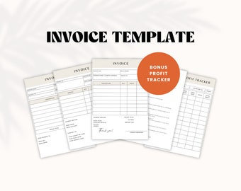 May include: Four printable invoice templates with a bonus profit tracker. The templates are white with black text and lines. The profit tracker is white with black text and lines. The word "INVOICE" is printed at the top of each invoice template. The word "BONUS PROFIT TRACKER" is printed in a circle at the top of the profit tracker.