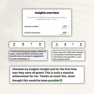 Puede incluir: Una captura de pantalla de un panel de an&aacute;lisis de redes sociales que muestra un aumento en las interacciones con el contenido. El texto dice "Recibiste +32.940% m&aacute;s interacciones de contenido en comparaci&oacute;n con el 3 de octubre al 9 de octubre." y "Revis&eacute; mis estad&iacute;sticas esta noche y por primera vez, &iexcl;todas estaban en verde! Esto es un logro enorme para m&iacute;. Muchas gracias Tori, nunca pens&eacute; que esto ser&iacute;a posible."