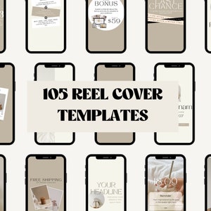 K&ouml;nnte beinhalten: Eine Collage aus 105 verschiedenen Handy-Bildschirm-Mockups, die verschiedene Instagram-Reel-Cover-Vorlagen zeigen. Die Vorlagen bieten eine Vielzahl von Designs, darunter minimalistische, moderne und farbenfrohe Stile. Der Text "105 Reel Cover Templates" ist in fetten schwarzen Buchstaben dargestellt.