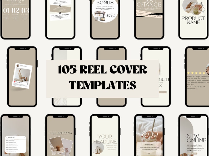 K&ouml;nnte beinhalten: Eine Collage aus 105 verschiedenen Handy-Bildschirm-Mockups, die verschiedene Instagram-Reel-Cover-Vorlagen zeigen. Die Vorlagen bieten eine Vielzahl von Designs, darunter minimalistische, moderne und farbenfrohe Stile. Der Text "105 Reel Cover Templates" ist in fetten schwarzen Buchstaben dargestellt.