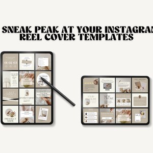 K&ouml;nnte beinhalten: Zwei digitale Tablets, die eine Sammlung von Instagram-Reel-Cover-Vorlagen anzeigen. Die Vorlagen zeichnen sich durch eine neutrale Farbpalette mit Beige-, Braun- und Wei&szlig;t&ouml;nen aus. Der Text auf den Vorlagen umfasst "01.02.03", "Letzte Chance", "Produktname", "Bonus", "Ihre &Uuml;berschrift", "Neu online" und "Verkauf".