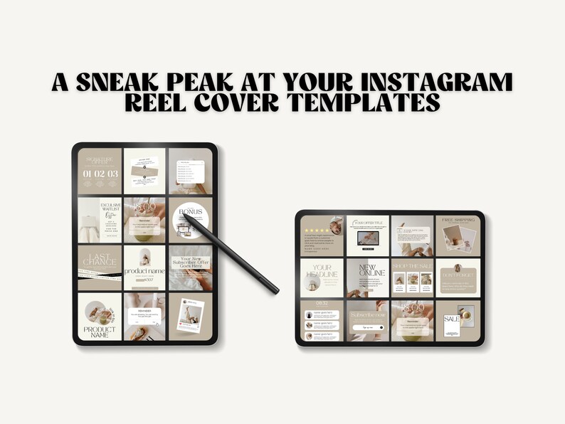 K&ouml;nnte beinhalten: Zwei digitale Tablets, die eine Sammlung von Instagram-Reel-Cover-Vorlagen anzeigen. Die Vorlagen zeichnen sich durch eine neutrale Farbpalette mit Beige-, Braun- und Wei&szlig;t&ouml;nen aus. Der Text auf den Vorlagen umfasst "01.02.03", "Letzte Chance", "Produktname", "Bonus", "Ihre &Uuml;berschrift", "Neu online" und "Verkauf".
