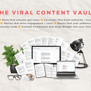 May include: Image featuring the text "THE VIRAL CONTENT VAULT" and content marketing strategies. It shows a laptop, tablet, phone, and documents, alongside a plant, coffee cup, glasses, and a black desk lamp.