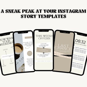 K&ouml;nnte beinhalten: F&uuml;nf verschiedene Instagram-Story-Vorlagen, die auf Smartphone-Bildschirmen angezeigt werden. Die Vorlagen bieten eine Vielzahl von Designs, darunter ein Frage-und-Antwort-Format, eine Produktwerbung, einen Countdown-Timer und ein einfaches textbasiertes Design. Die Vorlagen sind alle im minimalistischen Stil mit einer neutralen Farbpalette gehalten.