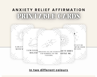 May include: Printable affirmation cards with black and white illustrations of celestial bodies and text. The cards feature phrases like "I am calm, I release all my anxiety and worries to the universe." and "Quiet does define me."