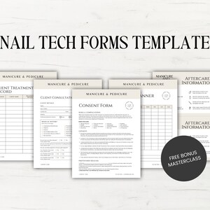 May include: A set of printable forms for nail technicians, including a client treatment record, client consultation form, consent form, appointment planner, and aftercare information. The forms are designed in a minimalist style with a light brown background.