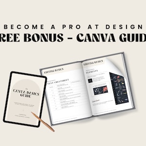Puede incluir: Una gu&iacute;a gratuita sobre los conceptos b&aacute;sicos de Canva, con una portada que presenta un dise&ntilde;o de arco en melocot&oacute;n y blanco y el texto "The Canva Basics Guide". La gu&iacute;a incluye una hoja de trucos de texto y una secci&oacute;n sobre los conceptos b&aacute;sicos de edici&oacute;n.