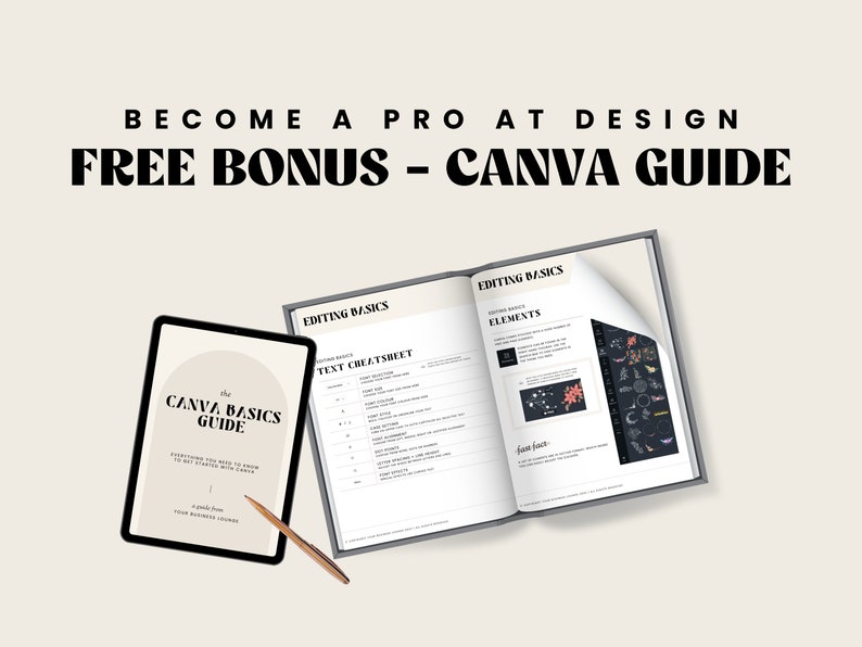 Puede incluir: Una gu&iacute;a gratuita sobre los conceptos b&aacute;sicos de Canva, con una portada que presenta un dise&ntilde;o de arco en melocot&oacute;n y blanco y el texto "The Canva Basics Guide". La gu&iacute;a incluye una hoja de trucos de texto y una secci&oacute;n sobre los conceptos b&aacute;sicos de edici&oacute;n.