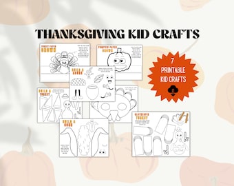 Puede incluir: Siete manualidades imprimibles de Acción de Gracias para niños. Las manualidades incluyen un pavo, una calabaza, una cornucopia y un sombrero de peregrino. Las manualidades son en blanco y negro y los niños pueden colorearlas.