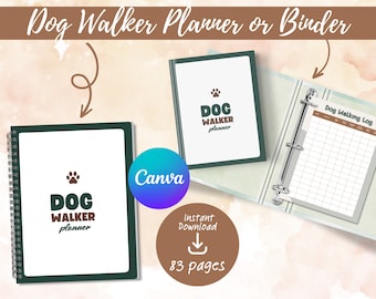 May include: A green and white planner with the text "DOG WALKER planner" and a paw print. The planner is open to show a page with a grid and the text "Dog Walking Log".