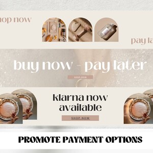Puede incluir: Un banner de sitio web que promociona diferentes opciones de pago para compras en l&iacute;nea. El banner presenta im&aacute;genes de productos y texto que dice "comprar ahora", "pagar despu&eacute;s", "comprar ahora - pagar despu&eacute;s", "klarna ahora disponible" y "promocionar opciones de pago".