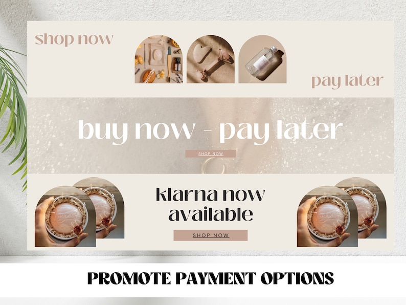 Puede incluir: Un banner de sitio web que promociona diferentes opciones de pago para compras en l&iacute;nea. El banner presenta im&aacute;genes de productos y texto que dice "comprar ahora", "pagar despu&eacute;s", "comprar ahora - pagar despu&eacute;s", "klarna ahora disponible" y "promocionar opciones de pago".