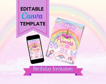 May include: Editable Canva template for a unicorn-themed birthday invitation. The invitation features a rainbow, a unicorn with a gold horn and pink flowers, and the text "Join me for a magical Princess 5!"  The invitation is pink, blue, and yellow.
