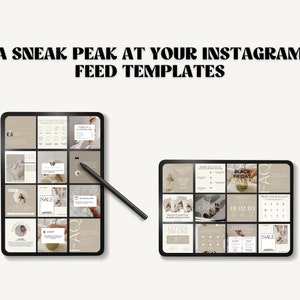 K&ouml;nnte beinhalten: Ein digitales Tablet zeigt 18 Instagram-Feed-Vorlagen an. Die Vorlagen sind im minimalistischen Stil mit einer neutralen Farbpalette in Beige und Wei&szlig; gestaltet. Die Vorlagen enthalten Text, Symbole und Bilder. Einige der Texte beinhalten "SALE", "BLACK FRIDAY SALE", "FAQ" und "01 02 03".