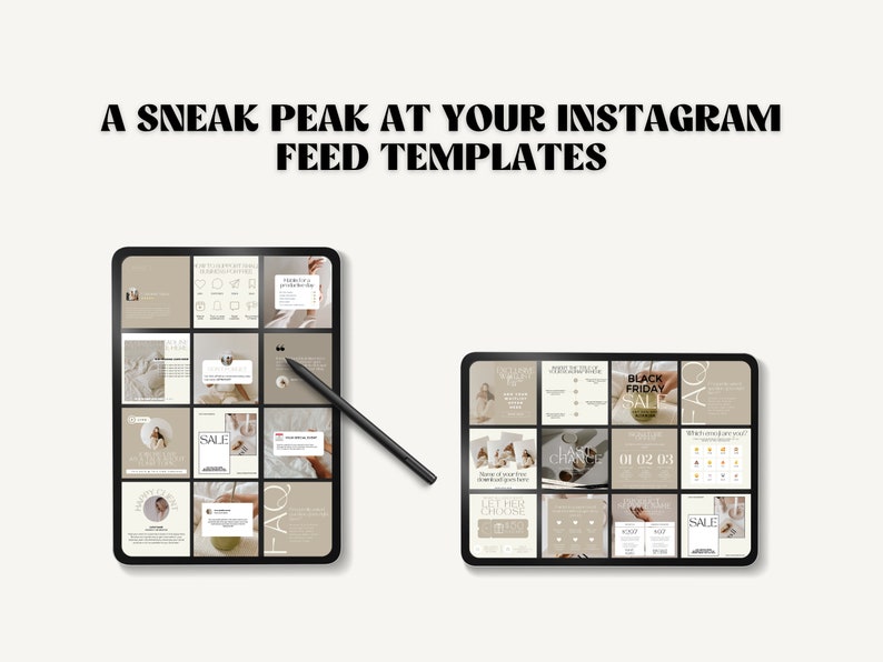 K&ouml;nnte beinhalten: Ein digitales Tablet zeigt 18 Instagram-Feed-Vorlagen an. Die Vorlagen sind im minimalistischen Stil mit einer neutralen Farbpalette in Beige und Wei&szlig; gestaltet. Die Vorlagen enthalten Text, Symbole und Bilder. Einige der Texte beinhalten "SALE", "BLACK FRIDAY SALE", "FAQ" und "01 02 03".