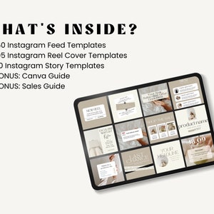 K&ouml;nnte beinhalten: Ein Tablet-Bildschirm zeigt eine Sammlung von 160 Instagram-Feed-Vorlagen, 105 Instagram-Reel-Cover-Vorlagen und 90 Instagram-Story-Vorlagen. Die Vorlagen sind im minimalistischen Stil mit einer neutralen Farbpalette gehalten. Der Text auf dem Bildschirm enth&auml;lt "NEW23", "SHOP THE SALE", "LAST CHANCE" und "YOUR HEADLINE".