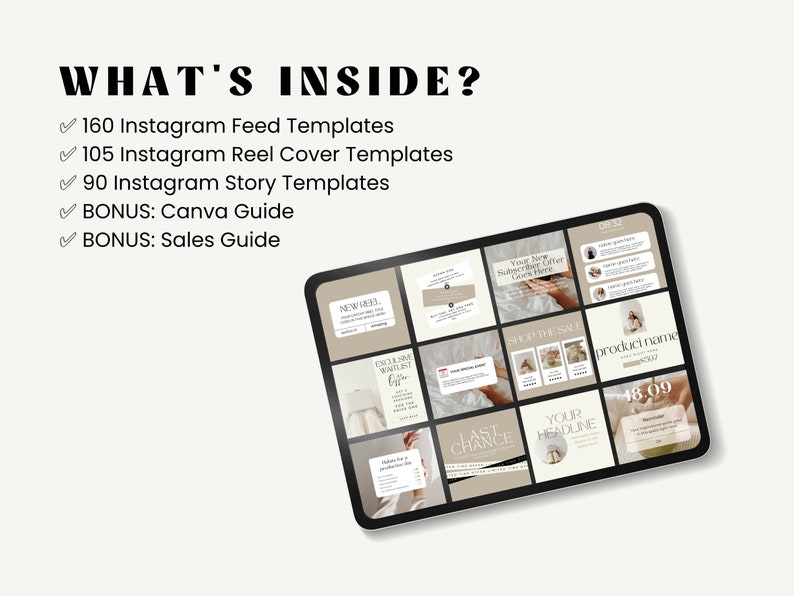K&ouml;nnte beinhalten: Ein Tablet-Bildschirm zeigt eine Sammlung von 160 Instagram-Feed-Vorlagen, 105 Instagram-Reel-Cover-Vorlagen und 90 Instagram-Story-Vorlagen. Die Vorlagen sind im minimalistischen Stil mit einer neutralen Farbpalette gehalten. Der Text auf dem Bildschirm enth&auml;lt "NEW23", "SHOP THE SALE", "LAST CHANCE" und "YOUR HEADLINE".