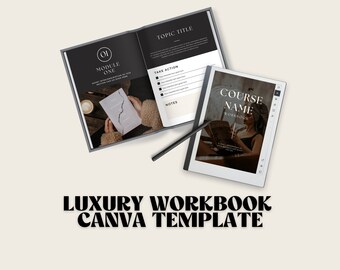 May include: A mockup of a digital workbook template for Canva. The template features a black and white colour scheme with a minimalist design. The cover of the workbook features the text "COURSE NAME WORKBOOK".