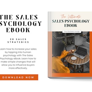 May include: A book cover with an orange background and the text "The Ultimate Sales Psychology Ebook" in white. The cover also features a woman sitting at a table with a laptop and a cup of coffee.