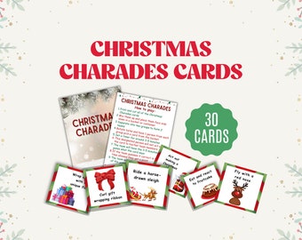 May include: A set of 30 Christmas charades cards with green and red borders. The cards feature illustrations of Christmas-themed activities, such as wrapping gifts, riding a horse-drawn sleigh, and eating fruitcake.
