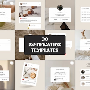 Könnte beinhalten: Eine Collage aus 30 Benachrichtigungsvorlagen für soziale Medien. Die Vorlagen bieten verschiedene Designs und Layouts, darunter Text, Bilder und Symbole. Die Vorlagen sollen Benutzern helfen, ansprechende und informative Benachrichtigungen für ihre Follower zu erstellen.