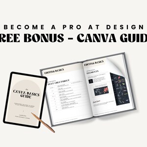 K&ouml;nnte beinhalten: Ein kostenloser Leitfaden zu den Grundlagen von Canva, mit einem Tablet, auf dem das Cover des Leitfadens angezeigt wird, das einen beigefarbenen Bogen mit dem Text "The Canva Basics Guide" und einen Bleistift auf wei&szlig;em Hintergrund zeigt. Der Leitfaden ist auf einer Seite mit dem Titel "Editing Basics: Text Cheatsheet" und auf einer anderen Seite mit dem Titel "Editing Basics: Elements" ge&ouml;ffnet.