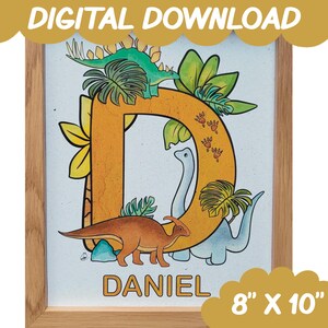Impresión artística personalizada con nombre y letra de dinosaurio para guardería, colores naranja, verde y amarillo, regalo para habitación de bebé, sala de juegos, 20 x 25 cm, arte de pared para dormitorio