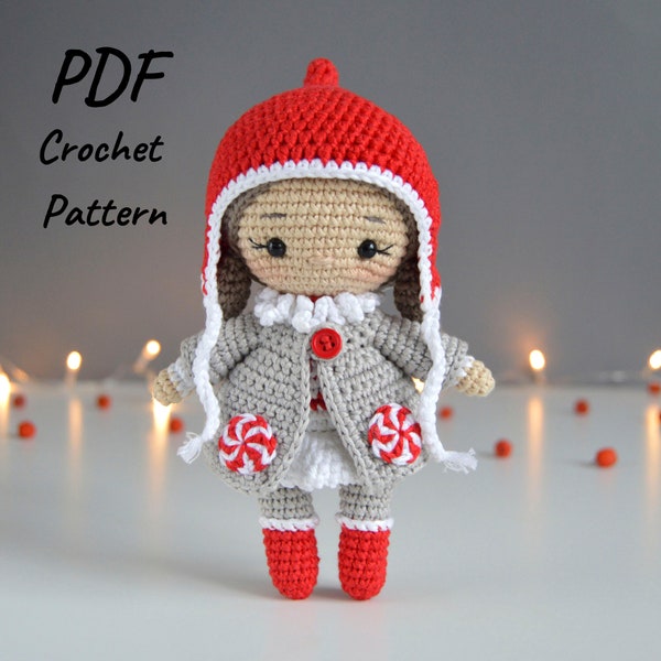 DIY PDF crochet amigurumi pattern Emma Doll in winter, Christmas crochet doll