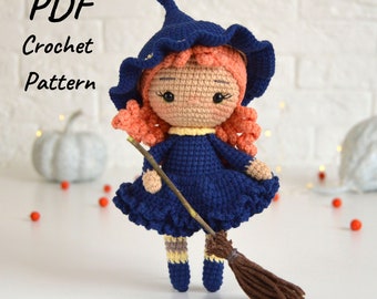 DIY PDF crochet amigurumi pattern Little Witch | Crochet Halloween doll tutorial | Crochet Halloween decor