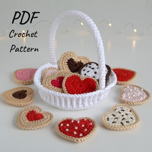 DIY PDF crochet pattern Cookies Hearts in a basket for Valentine's Day | Crochet Valentine day decoration